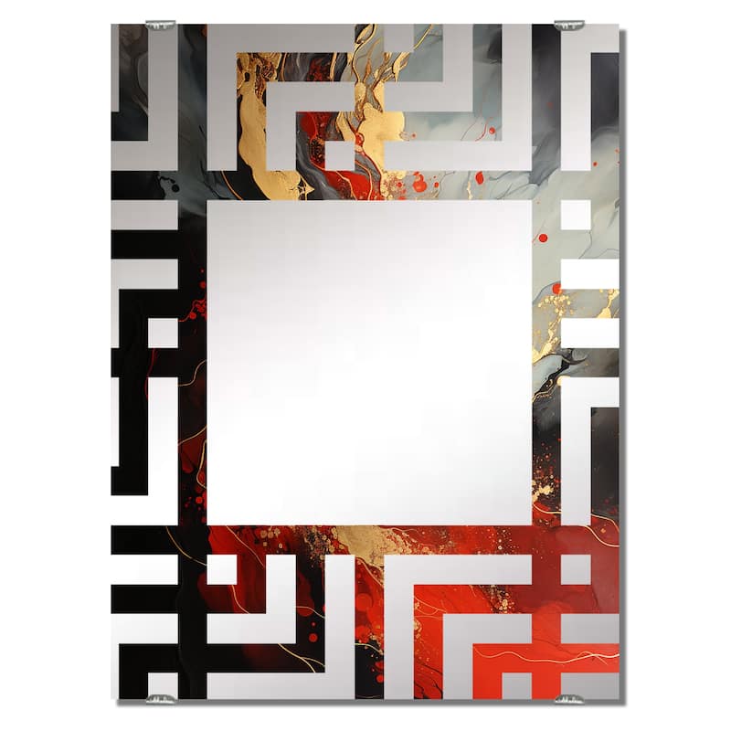 Designart "Red And Gold Marble Volcano V" Abstract Painting Mirror Red - Modern Large Wall Mirror For Bathroom
