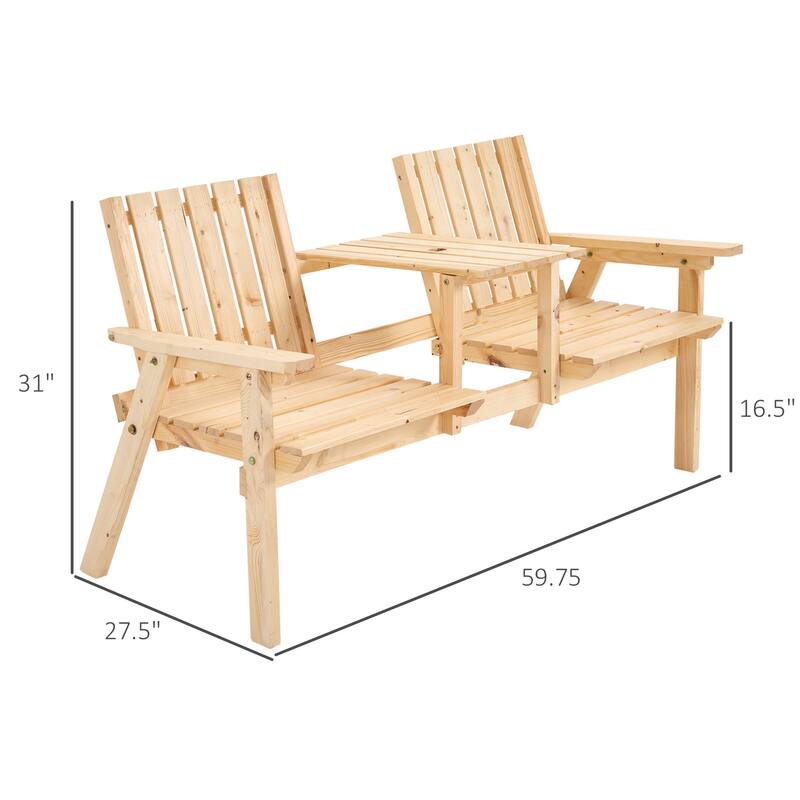 Outsunny Outdoor Patio Wooden Double Chair Garden Bench with Middle Table & Natural Weather-Fighting Materials - 60" x 28" x 31