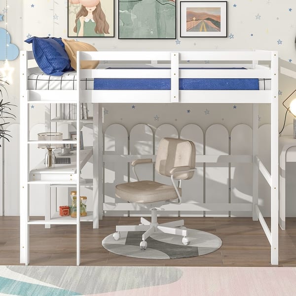 slide 2 of 30, Full Size Loft Bed with Build-in Study Desk and Shelf, Solid Color White - Full