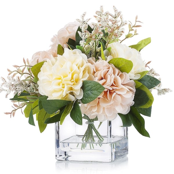 slide 2 of 8, Enova Home Artificial Silk Dahlia Fake Flowers Arrangement in Clear Glass Vase with Faux Water for Home Wedding Decoration Cream Pink