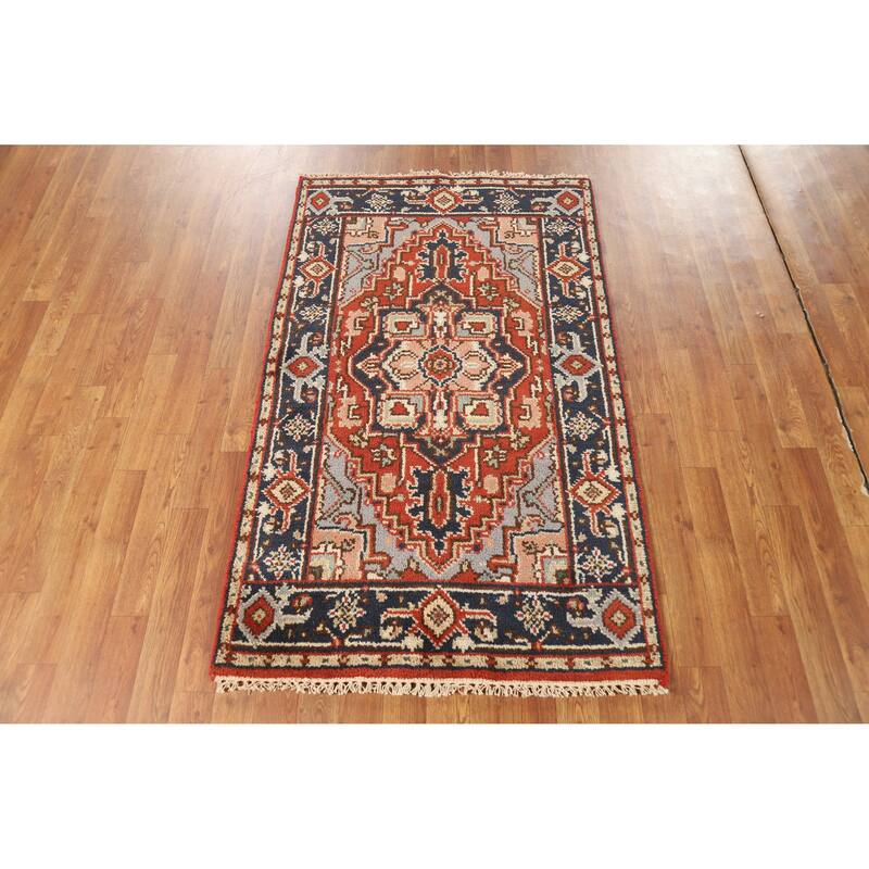 Hand Knotted Oriental 100% Wool Carpet Traditional Medallion Oranges & Rust Heriz (serapi) Area Rug - 4' 11'' X 3' 0''