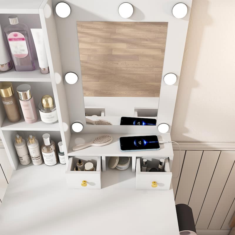 Vanity Desk with Mirror & LED Lights, Makeup Table with Power Outlet, Hairdryer Holder & Stool, Compact Dressing Table Set