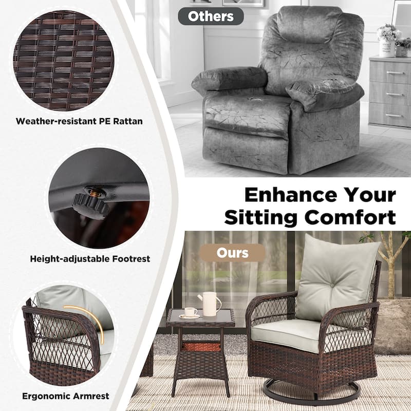 3-Piece Outdoor Rocking/Swivel Chair Set - PE Rattan Patio Furniture with Cushions & Coffee Table, Rocker Chairs for Backyard