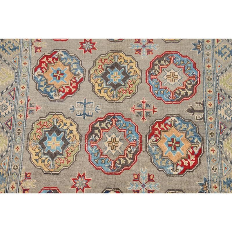 Geometric Grey Kazak Oriental Area Rug Handmade Wool Carpet - 4'10" x 6'11"