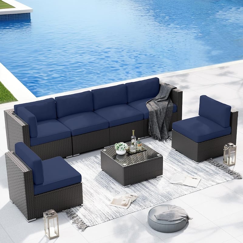 7-piece Outdoor Patio Black Wicker Rattan Cushioned Sectional Sofa Conversation Set by Havenside Home - Dark Blue