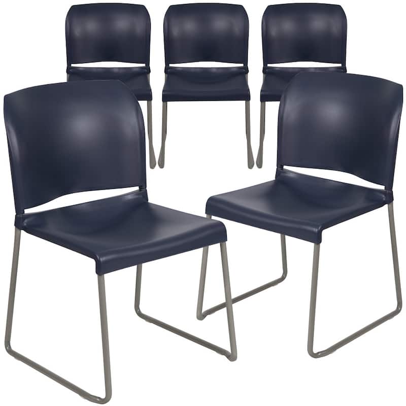 5 Pack 880 lb. Capacity Full Back Contoured Sled Base Stack Chair - Navy