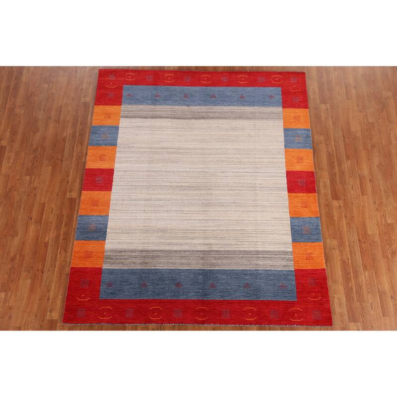 Hand Knotted Oriental 100% Wool Carpet Tribal Bordered Beige & Ivories Gabbeh Area Rug - 7' 11'' X 6' 6''