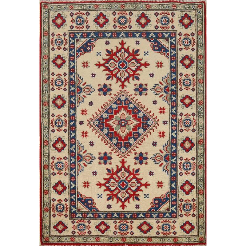 Geometric Kazak Foyer Rug Hand-Knotted Traditional Wool Carpet - 2'11"x 4'0"
