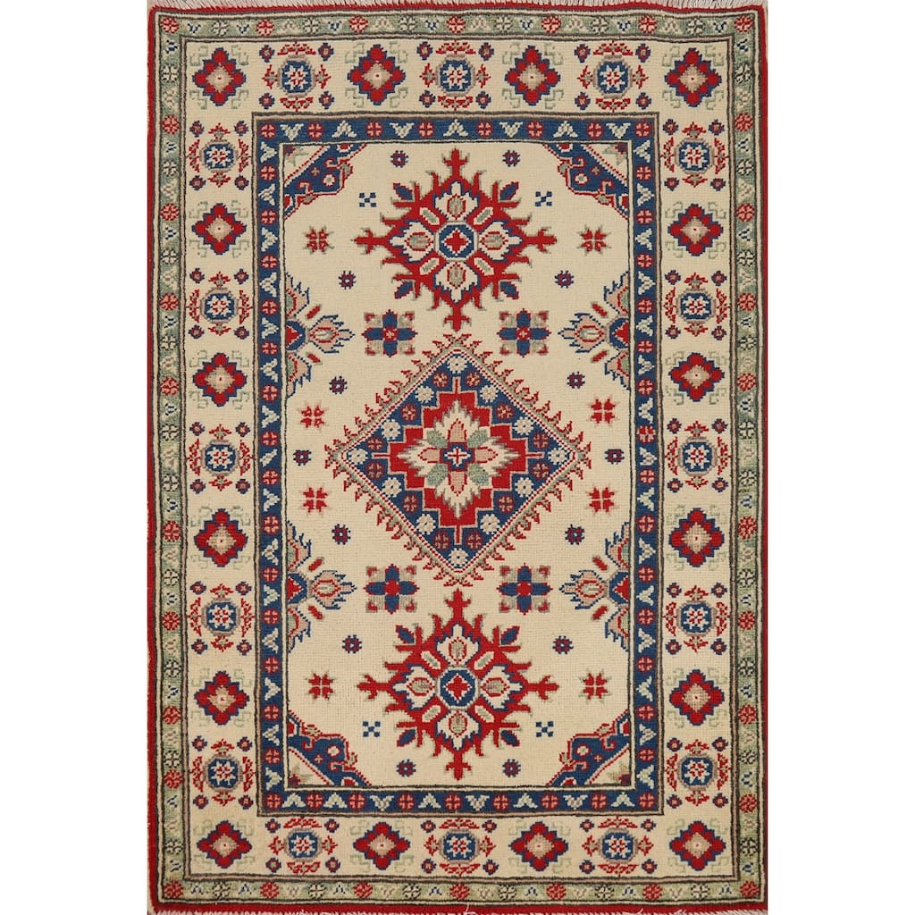 Geometric Kazak Foyer Rug Hand-Knotted Traditional Wool Carpet - 2'11"x 4'0"