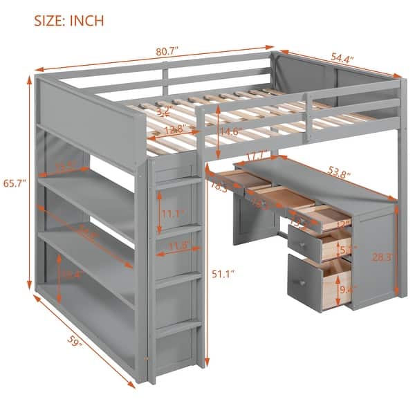 dimension image slide 0 of 2, Multi-function Full Size Wood Loft Bed with Desk,3 Shelves and 4 Drawers