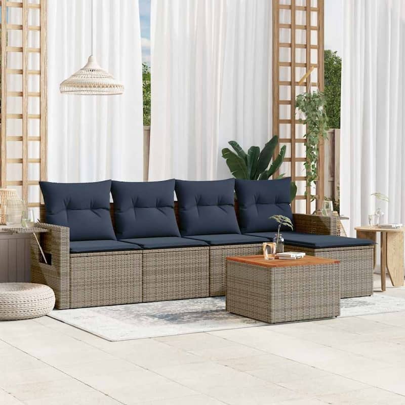 vidaXL 6 Piece Patio Sofa Set with Cushions Black Poly Rattan - 21.7" x 24.4" x 27.2" - Grey and blue