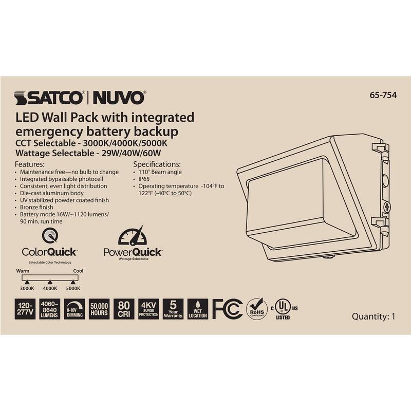 Emergency Architectural LED Wall Pack CCT Selectable 3K/4K/5K Wattage Adjustable Bypassable Photocell 120-277 Volt - Bronze
