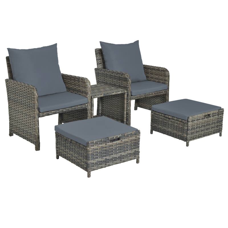 5 Pieces Patio Conversation Set with Cushions Coffee Table and 2 Ottomans - PE BROWN-Gray