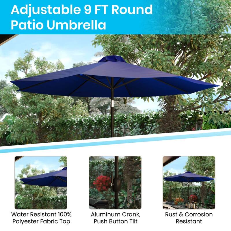 30" x 48" Faux Teak Patio Table, 4 Chairs and 9FT Patio Umbrella with Base