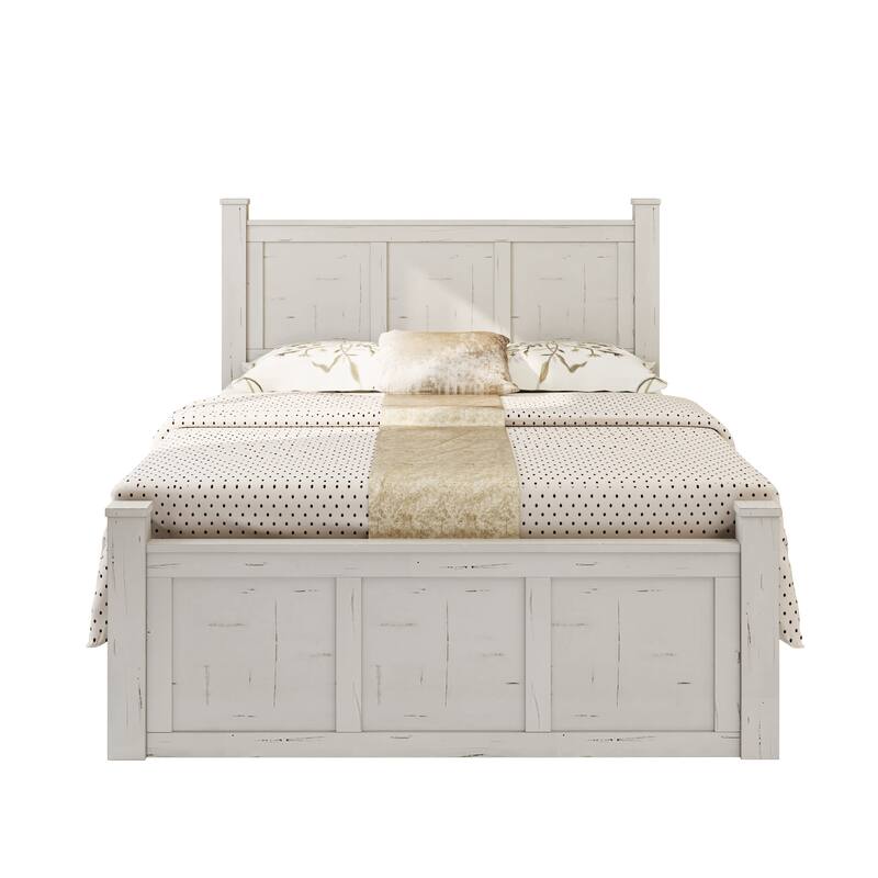 White Distressed Platform Bed Frame Wood Panel Bed w/ 3 Storage Drawers
