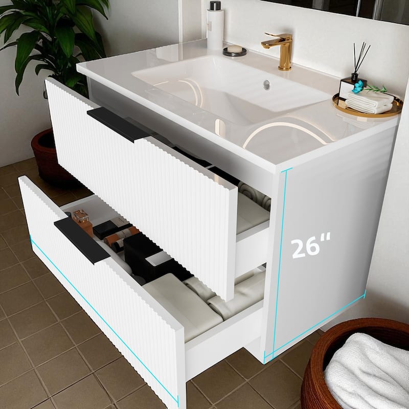 36 Inch Floating Bathroom Vanity with Ceramic Sink, Wall Mounted Fluted Cabinet with 2 Drawers, Modern MDF Design