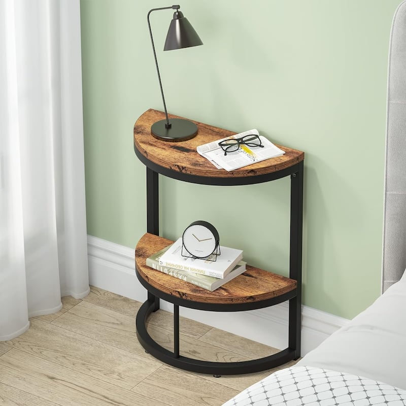 2-Tier Half Round End Table with Storage for Sofa, Living Room - Brown