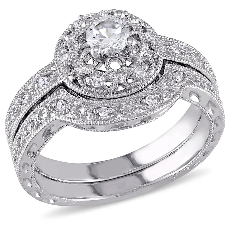Miadora Sterling Silver Created-white-sapphire and 1/10ct TDW Diamond Bridal Ring Set
