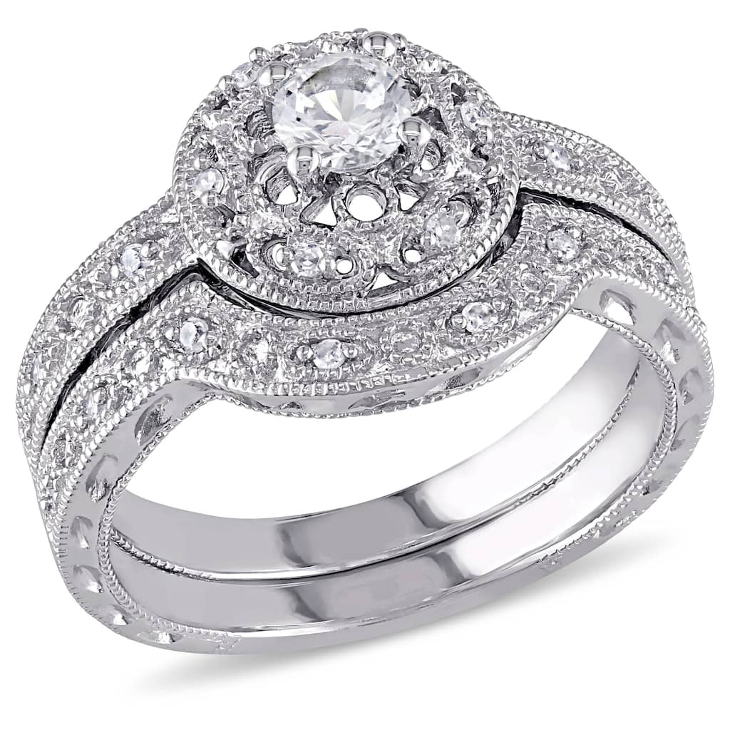 Miadora Sterling Silver Created-white-sapphire and 1/10ct TDW Diamond Bridal Ring Set