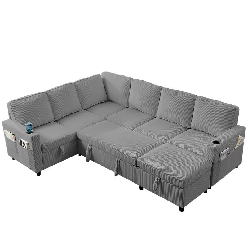 Mixoy 6 Seat U-Shaped Modular Sectional Sofa with Pull Out Bed, Sleeper Sofa Bed with Cup Holders & Storage
