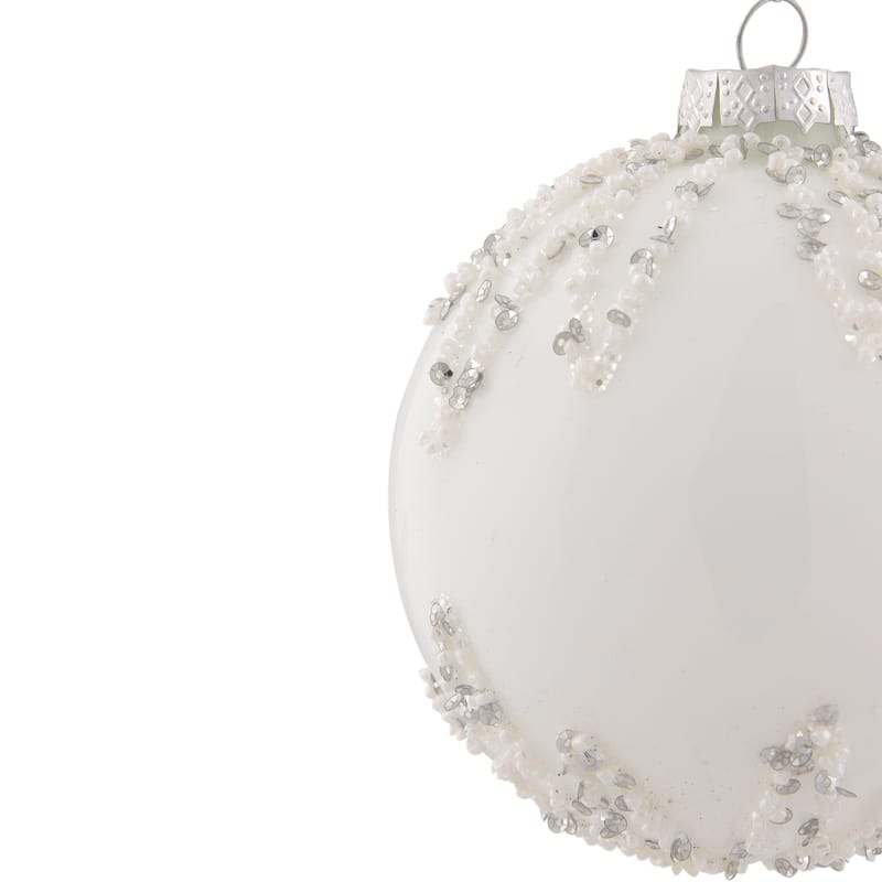 Sequin Beaded Christmas Glass Ball Ornament - 4" - White