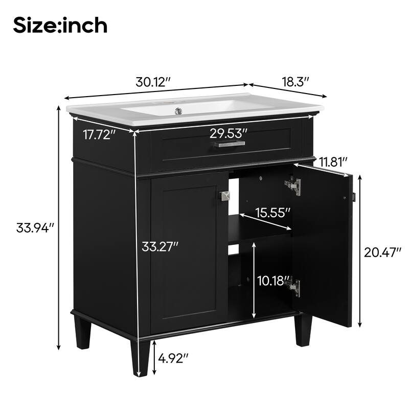 30-inch bathroom vanity with ceramic basin, soft close door and adjustable shelves