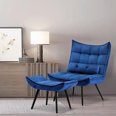 Mcombo Accent Chair with Ottoman, Velvet Tufted Wingback Chair, Upholstered Chairs with Metal Legs for Bedroom Living Room 4079