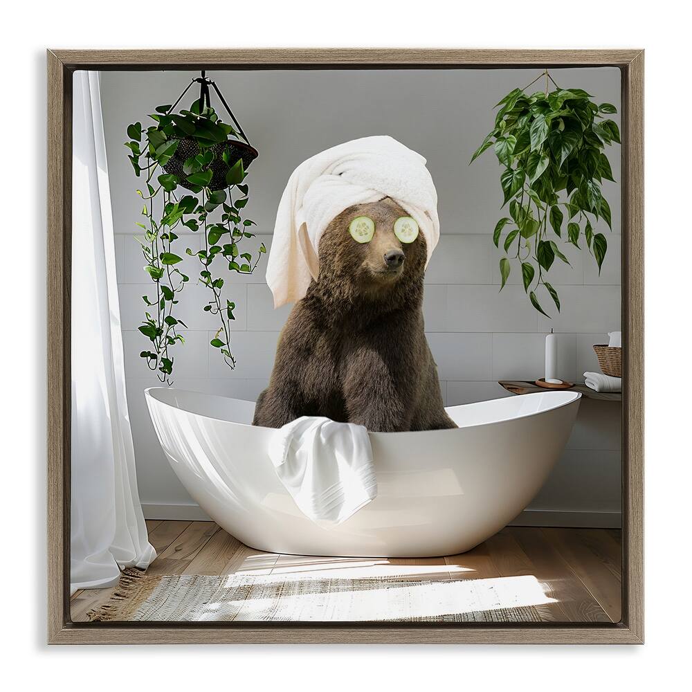 Stupell Bear in Refreshing Spa Bath Framed Floater Canvas Wall Art Design By CAD Designs