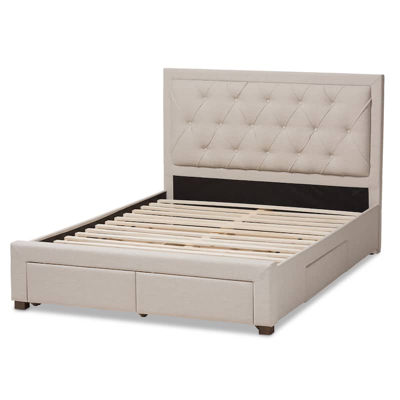 Modern Fabric Storage Bed - Beige Upholstered Platform Bed Frame - Low Profile Bed for Bedrooms