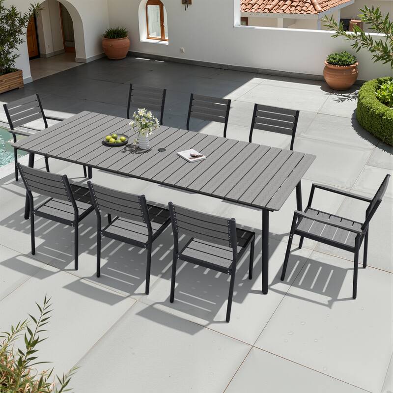 VredHom 7/9-Piece Outdoor Patio Aluminum Dining Table with Stackable Chairs Umbrella Hole