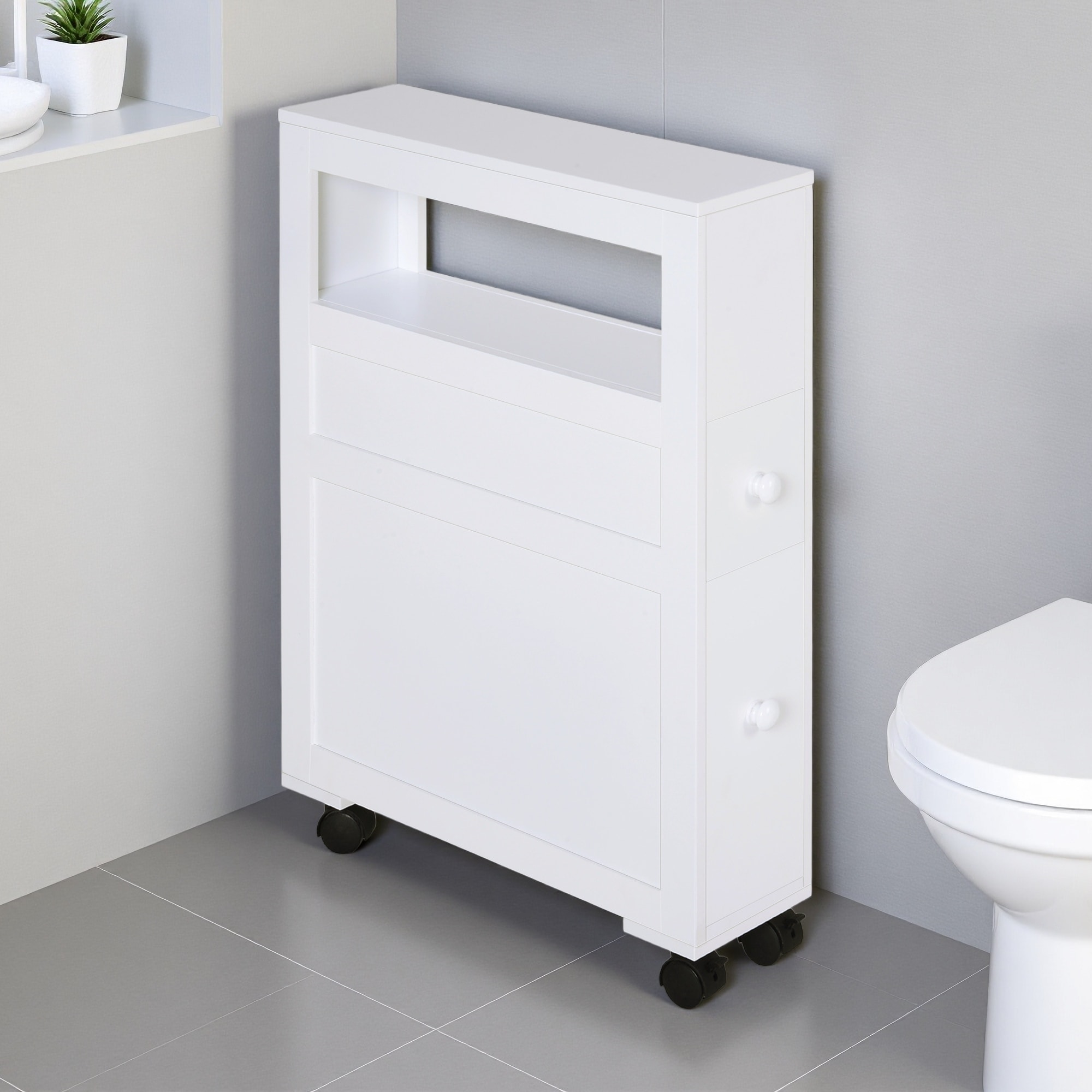 6.25" x 20.5" x 28.25" Wood Rolling Narrow Bathroom Side Storage Cabinet