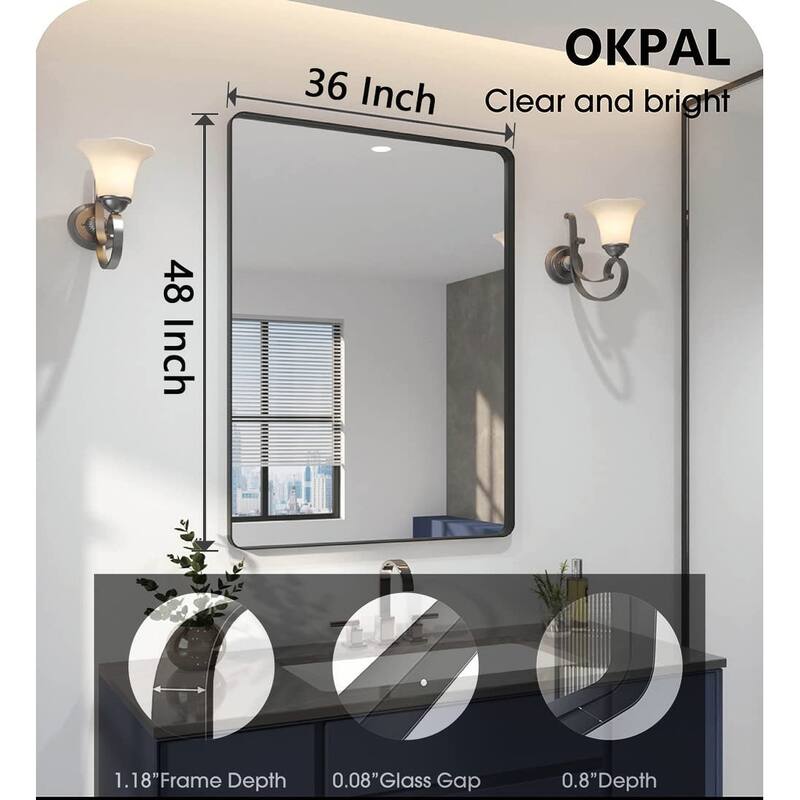 Large Black Metal Framed Bathroom Mirror, Rectangle Round Corner Matte