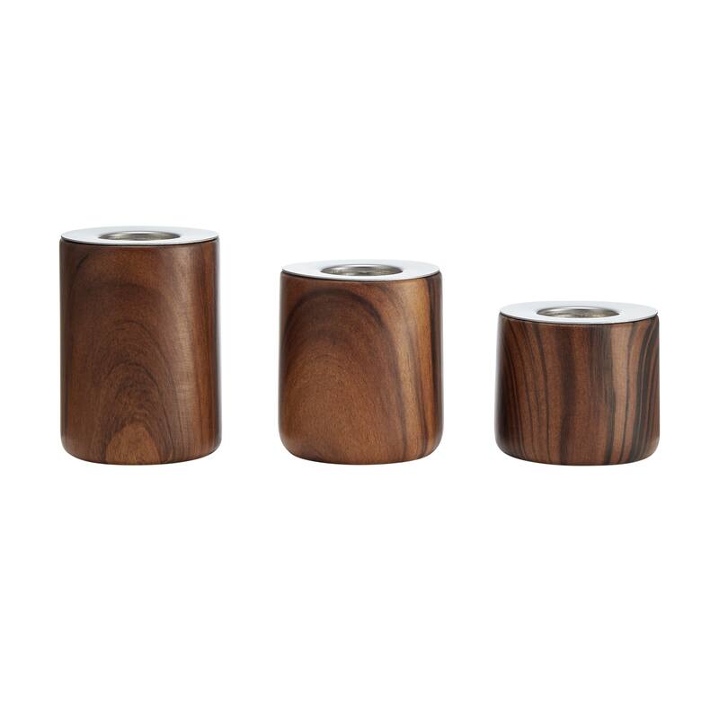 Cylindrical Tealight Candle Holders - 4.25" - Walnut Brown - Set of 3