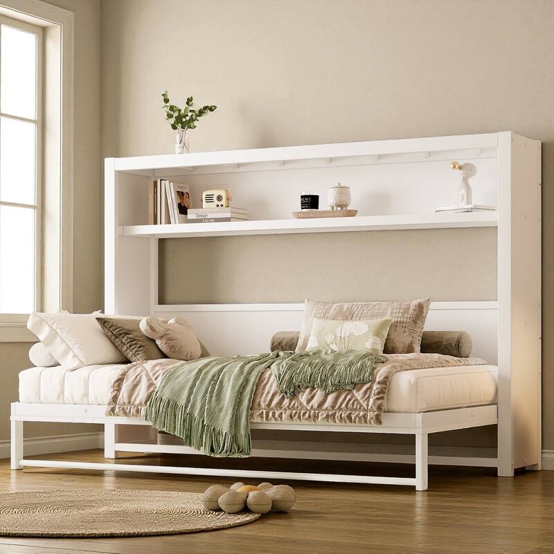 Twin Size Metal Murphy Bed with Storage Shelves, Foldable Wall Bed Frame for Guest Room or Apartment, Space-Saving Design