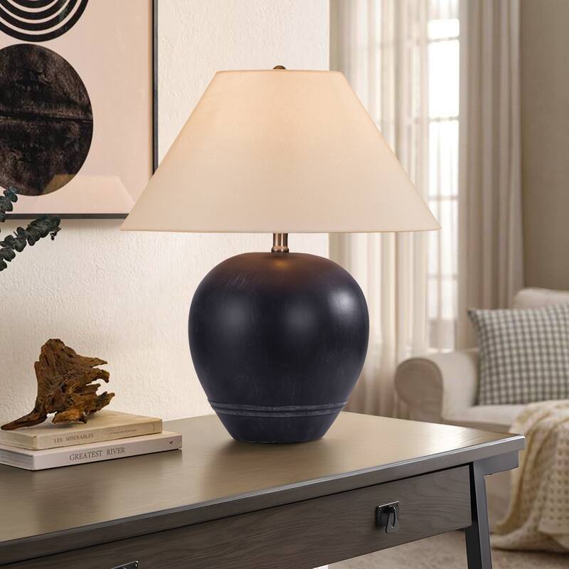 Ceramic Table Lamp with Linen Shade - Black - 18.1"W x18.1"Dx21.2"H