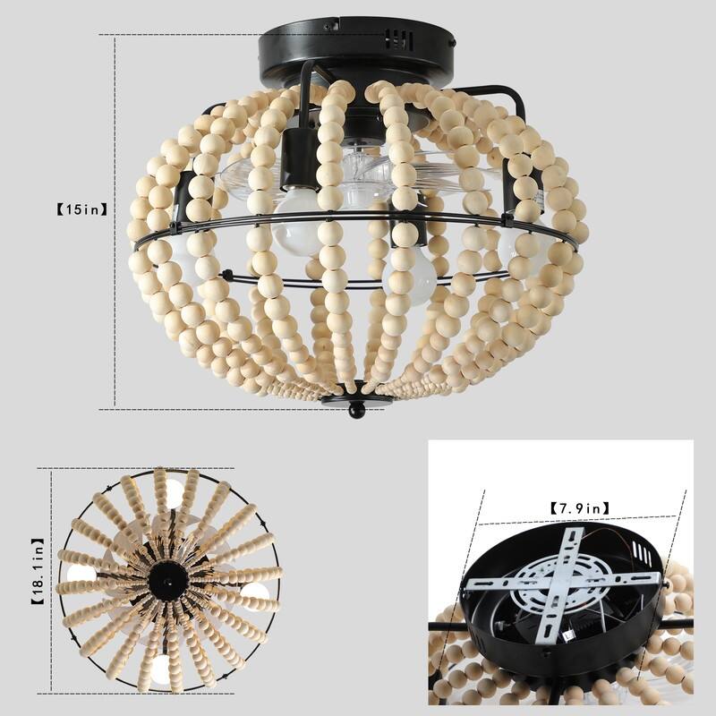 Bohemian Wood Beaded Fulsh Mount Ceiling Fans Remote control for Living Room