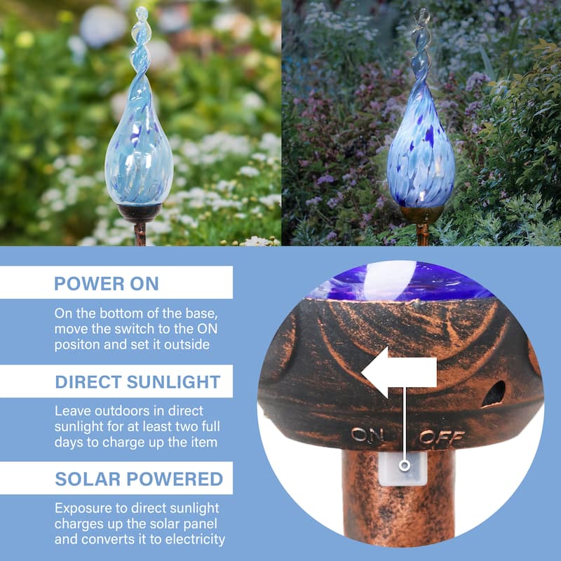 Exhart Solar Pearlized Hand Blown Glass Twisted Flame Garden Stake with Metal Finial Detail, 36 Inch