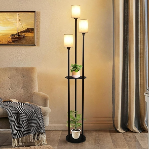 3 Lights Linen Shade Floor Lamp with Shelves and Foot Switch Black