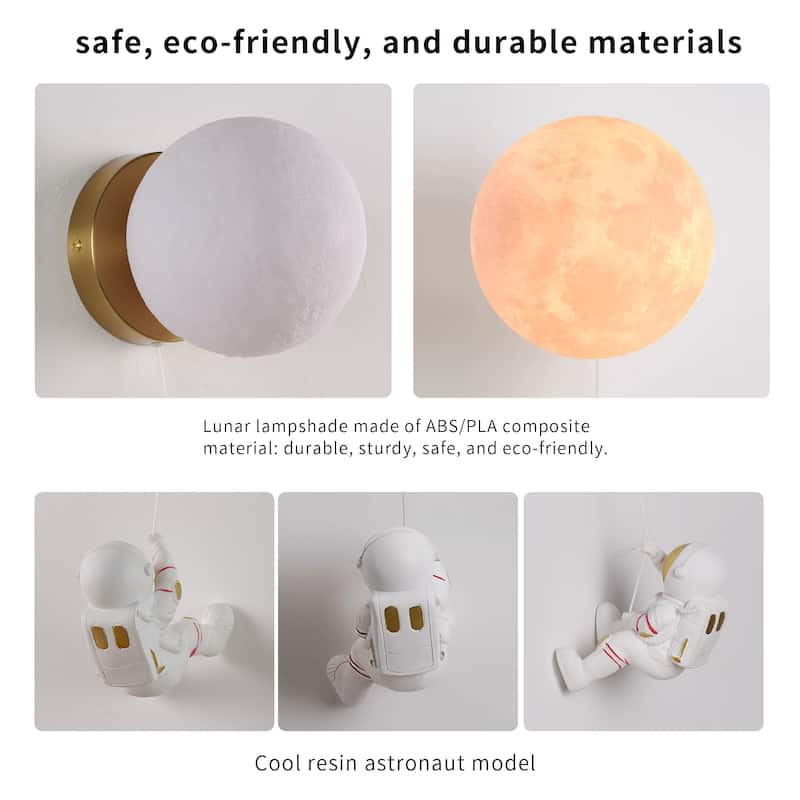 Modern Cute Moon & Astronaut Wall Sconce - Art Deco Explore Headboard Cordless G9 Wall Light for Kids’ Room - white