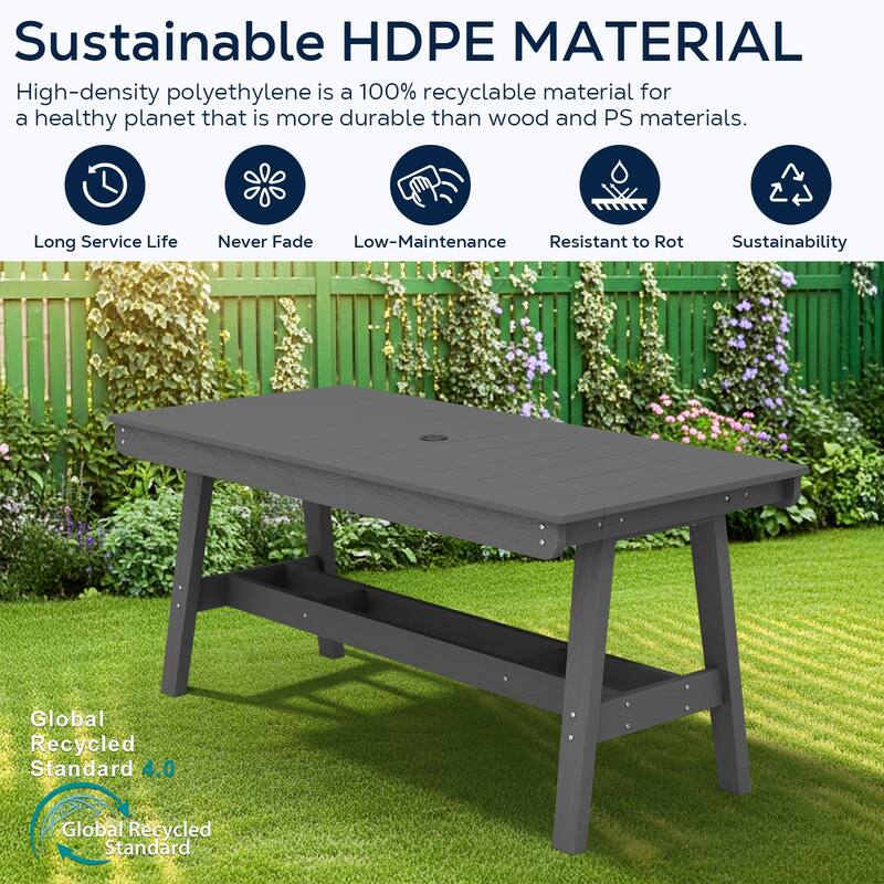 67.91in HDPE Rectangular Patio Dining Table with Umbrella Hole for 4 to 6 People - N/A