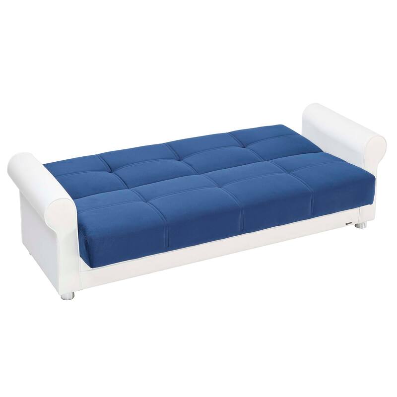 HomeRoots 89" Sky Blue Polyester Convertible Futon Sleeper Sofa And Toss Pillows With Storage
