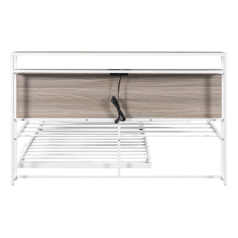 Full/Queen Platform Bed Frame with Trundle, USB Ports and Steel Slat Support, Metal and Wooden Bed Frame with Storage Headboard