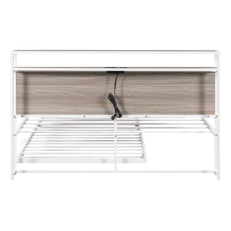 Queen Metal Platform Bed with Trundle, USB & Wood Headboard