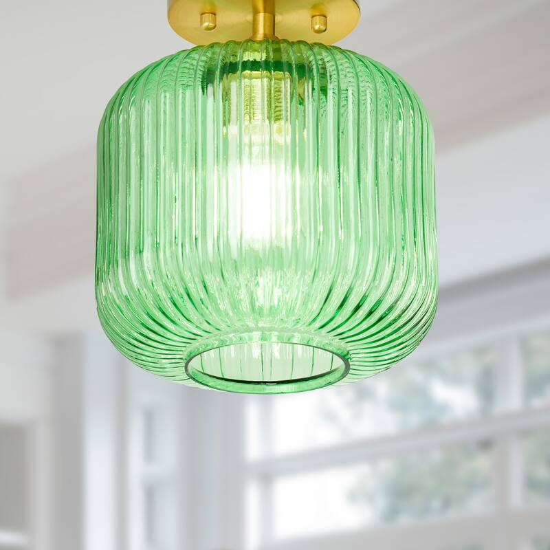 Ignace River of Goods Brushed Gold Metal 10-Inch Ceiling Light with Green Glass Globe Shade - 8" x 8" x 10.25"
