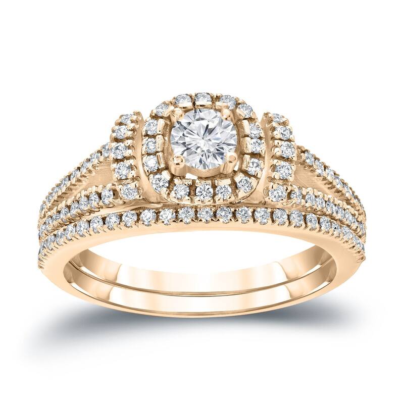 Auriya Modern 3/4ctw Round Halo Diamond Engagement Ring Set 14kt Gold - 4 - Yellow