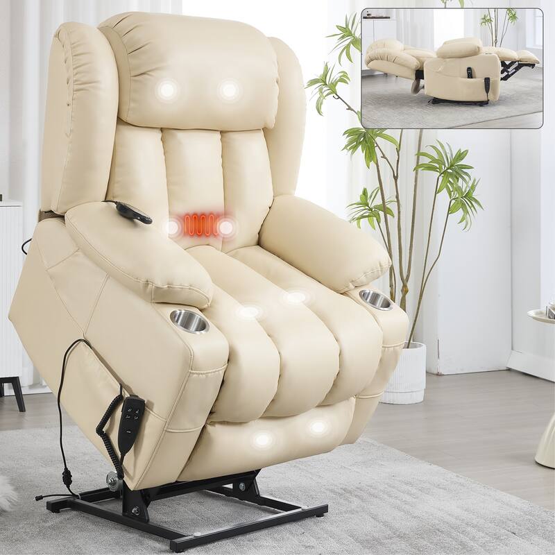 Dual Motor Faux Leather Power Lift Recliner Chair for Adult, Lazy Single Recliner Sofa w/Massage and Lumbar Heat & Cup Holders - Beige