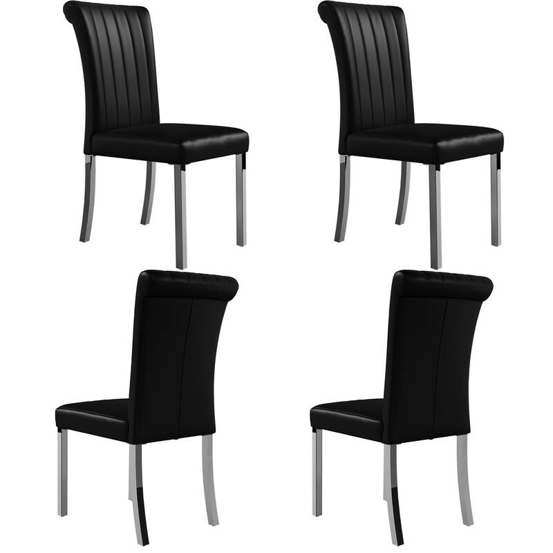 Luxury PU Leather Parsons Dining Chairs Side Chairs with Rolled Back and Stainless Steel Legs - Black and Silver - Set of 4