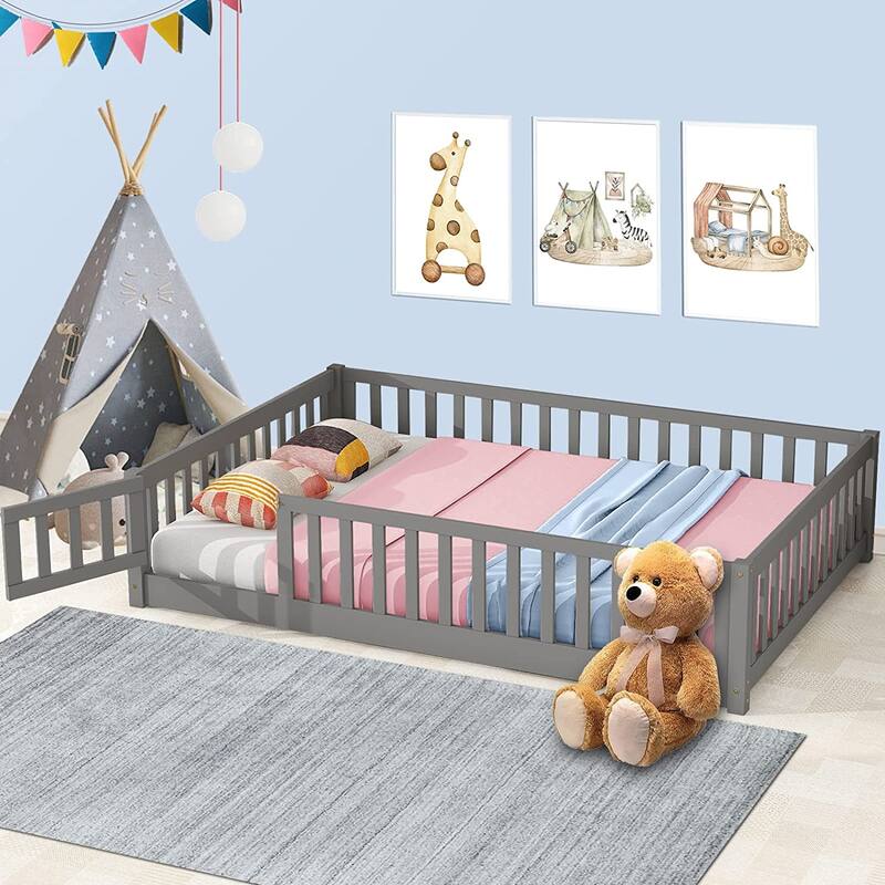 Twin/Full/Queen Size Floor Bed with Safety Guardrails, Toddler Floor Bed for Girls and Boys - Grey - Full