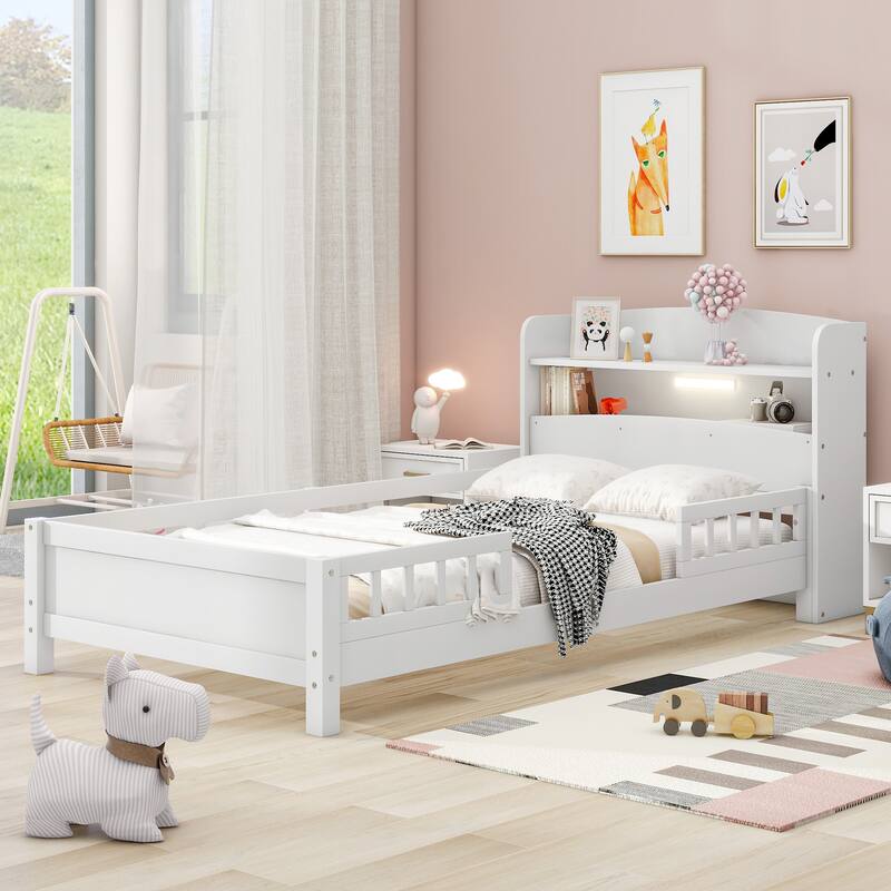Twin/Full Size Wood Platform Bed with Built-in LED Lights, Shelves, and Guardrail