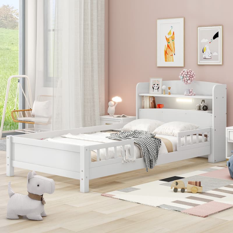 Twin Size Platform Bed with LED Light, Storage Headboard, and Guardrail in White